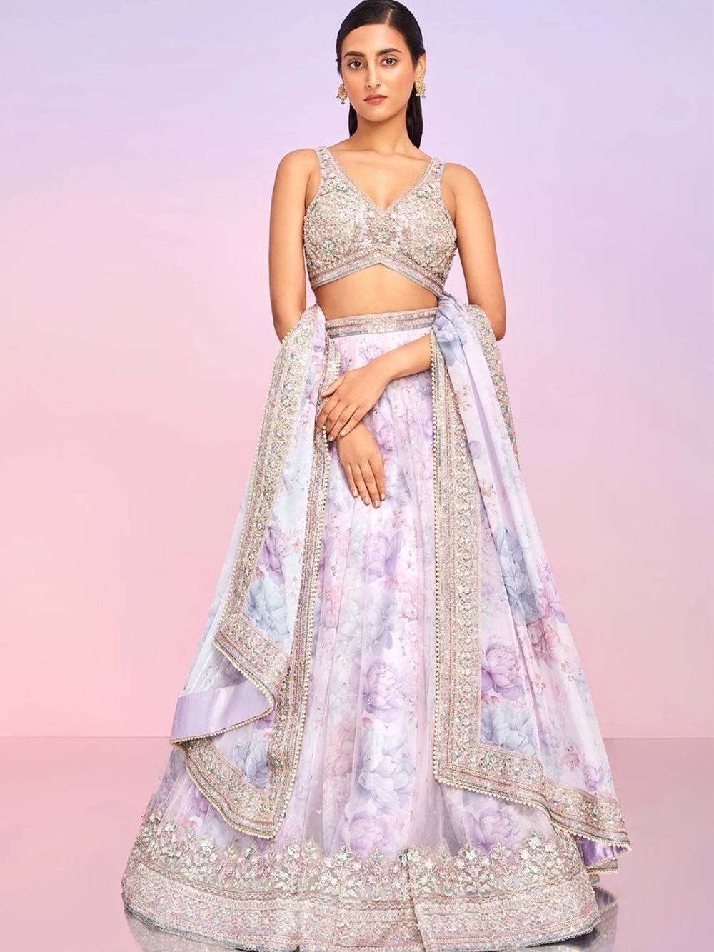 Pastel Lavender Floral Lehenga Skirt with Embellished Blouse